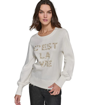 KARL LAGERFELD C'est La Vie Faux-Pearl-Embellished Sweater Ivory Size XL MSRP$99