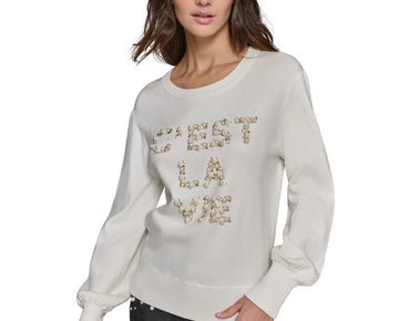 KARL LAGERFELD C'est La Vie Faux-Pearl-Embellished Sweater Ivory Size XL MSRP$99