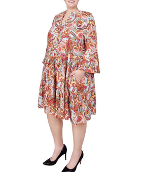 NY Collection Plus Size 3X 3/4 Sleeve Tiered Dress Orange MSRP $60