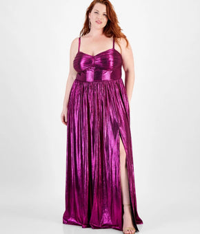 City Studios Trendy Plus Size 14W Sweetheart-Neck Foil-Knit Gown Pink MSRP $119