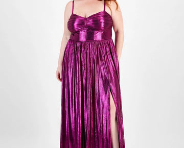 City Studios Trendy Plus Size 14W Sweetheart-Neck Foil-Knit Gown Pink MSRP $119