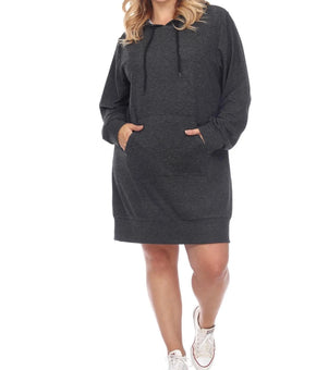 White Mark Plus Size 1X Hooded Pullover Kangaroo Pocket Fleeced Dress Gray