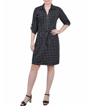 NY Collection Shirt Dress Womens Petite Size PL Black Belted Stretch $54