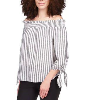 Michael Kors Striped Off-the-Shoulder Top Linen Shirt Ivory Gray Size M $98