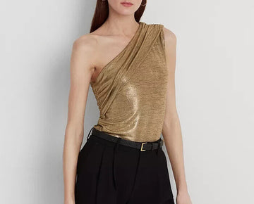 LAUREN RALPH LAUREN Women Foil-Print Jersey One-Shoulder Top Brown Size XL $90