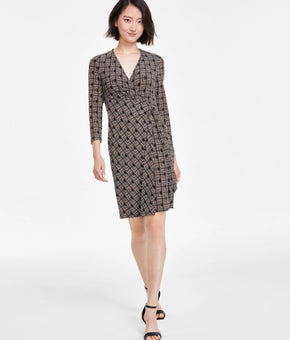Anne Klein Women's V-Neck Side-Tie Faux-Wrap Dress Brown Black Size XL MSRP $99