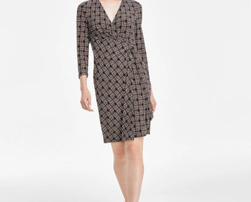 Anne Klein Women's V-Neck Side-Tie Faux-Wrap Dress Brown Black Size XL MSRP $99