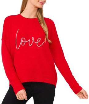 CeCe Women's Valentine's Crewneck Beaded Love Sweater Red Size S MSRP $79