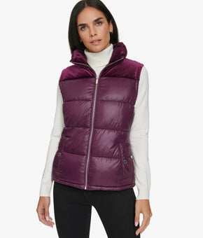 Calvin Klein Women's Velvet Trim Puffer Vest Purple Size L MSRP $100