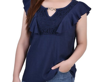 NY Collection Petite PM Sleeveless Flutter Yoke Blouse NAVY $42
