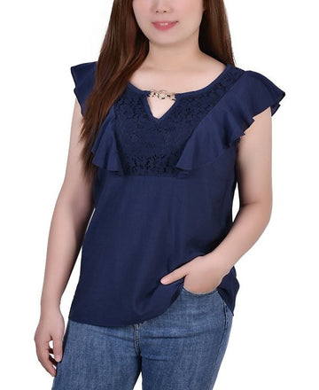 NY Collection Petite PM Sleeveless Flutter Yoke Blouse NAVY $42