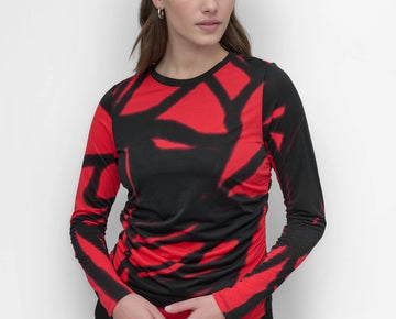 DKNY Women's Printed Crewneck Long-Sleeve Ruched Top Red Black Size XS MSRP $79