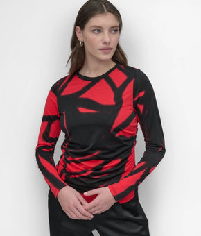 DKNY Women's Printed Crewneck Long-Sleeve Ruched Top Red Black Size M MSRP $79
