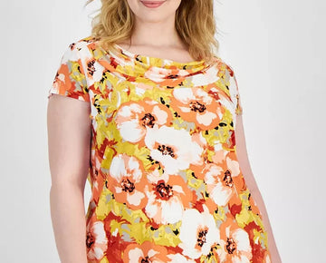 Kasper Cowl-Neck Cap-Sleeve PapayaVanilla Ice Plus Size 1X Orange MSRP $59