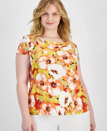 Kasper Cowl-Neck Cap-Sleeve PapayaVanilla Ice Plus Size 1X Orange MSRP $59