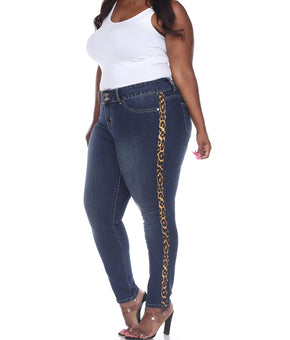 White Mark Women's Plus Size 20 Blue Super Stretch Denim with Cheetah Pannel