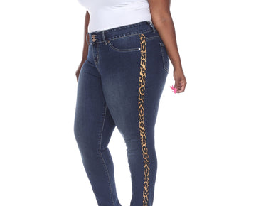 White Mark Women's Plus Size 20 Blue Super Stretch Denim with Cheetah Pannel