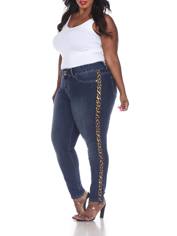 White Mark Women's Plus Size 20 Blue Super Stretch Denim with Cheetah Pannel