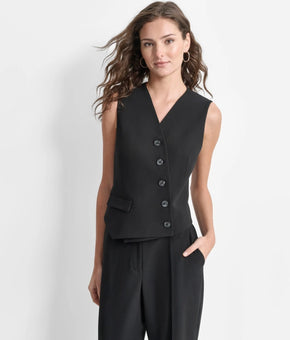 DKNY Women's Solid Asymmetrical Button-Down V-Neck Vest Black Size 12 MSRP $89