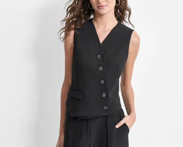 DKNY Women's Solid Asymmetrical Button-Down V-Neck Vest Black Size 12 MSRP $89