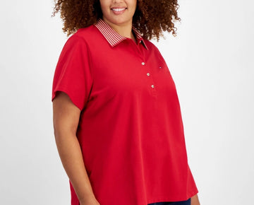 Tommy Hilfiger Plus Size 0X Striped-Collar Polo Shirt Red MSRP $70