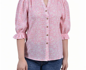 NY Collection Womens Petites Split Neck Printed Button-Down Top Size PS Pink