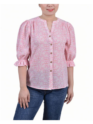 NY Collection Womens Petites Split Neck Printed Button-Down Top Size PS Pink