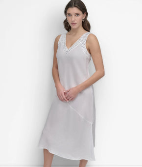 DKNY Women's Linen Sleeveless Studded V-Neck Dress White Size XL MSRP $139