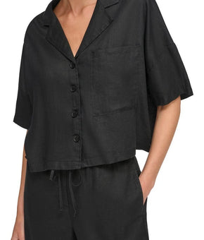 DKNY Women's Button-Front Elbow Dolman-Sleeve 100% Linen Top Black Size M $89
