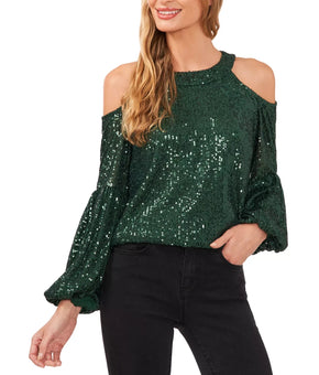 CeCe Women's Sequined Long Sleeve Cold-Shoulder Blouse Green Size M MSRP $89