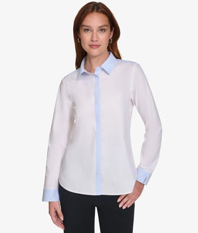 Calvin Klein Women's Cotton Striped-Edge Blouse White Gray Size L MSRP $99