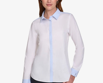 Calvin Klein Women's Cotton Striped-Edge Blouse White Gray Size L MSRP $99