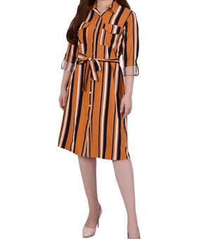 NY Collection Womens Petites Striped Shirtdress Size L Petite Orange