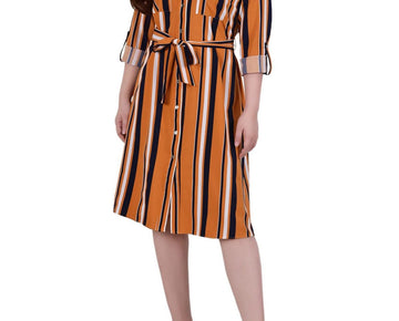 NY Collection Womens Petites Striped Shirtdress Size L Petite Orange