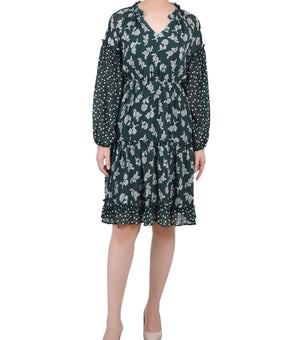 NY Collection Womens Petites Printed Above Knee Dress Size PL Green