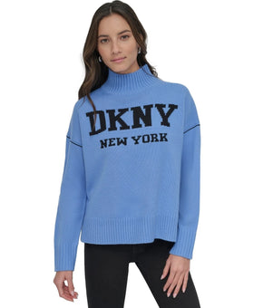 DKNY Jeans Women's Intarsia Logo Turtleneck Sweater Blue Size S MSRP $79