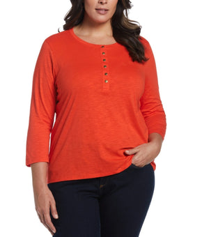 ELLA Rafaella Plus Size 1X Cotton 3/4 Sleeve Henley Top Cotton Orange $54