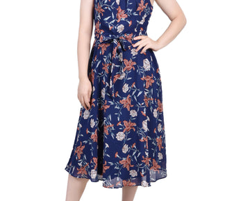 NY Collection Petite Sleeveless Chiffon Belted Dress Navy Floral Size PXL