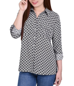 NY Collection 3/4 Sleeve Roll Tab Notch Collar Blouse Plus Size 3X Black