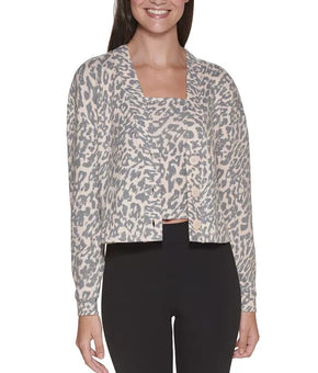 Calvin Klein Jeans Printed Cropped Sweater Cardigan Beige Gray Size M MSRP $60