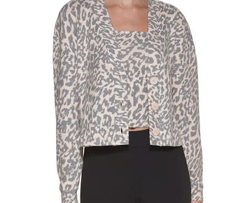 Calvin Klein Jeans Printed Cropped Sweater Cardigan Beige Gray Size M MSRP $60