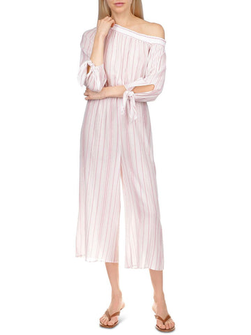 Michael Kors Women's Pink Metallic Striped One Shoulder Jumpsuit, Size L