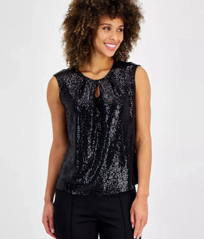 Kasper Women's Front-Keyhole Sleeveless Top Petite Size PM Black MSRP $59