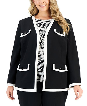 Kasper Plus Size 1X Tipped Collarless Open-Front Jacket Black $139