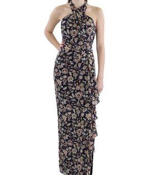 Lauren Ralph Lauren Womens Chiffon Floral Evening Dress Size 18 Navy