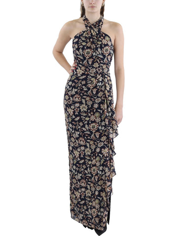 Lauren Ralph Lauren Womens Chiffon Floral Evening Dress Size 18 Navy