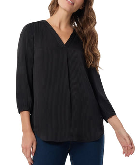 Jones New York Women's Pleated V-Neck 3/4-Sleeve Top Black Size M MSRP $70
