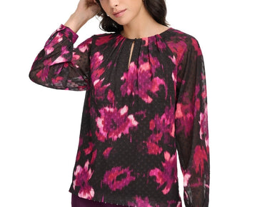 Calvin Klein Women's Pleat-Neck Long-Sleeve Blouse Black Pink Size XS MSRP $79
