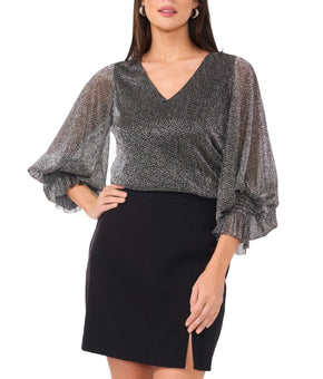 Vince Camuto Women's Metallic V-Neck Sheer-Sleeve Top Silver Black SIze M $79