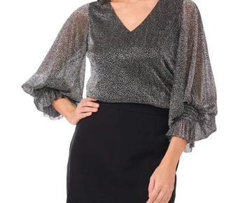 Vince Camuto Women's Metallic V-Neck Sheer-Sleeve Top Silver Black SIze M $79